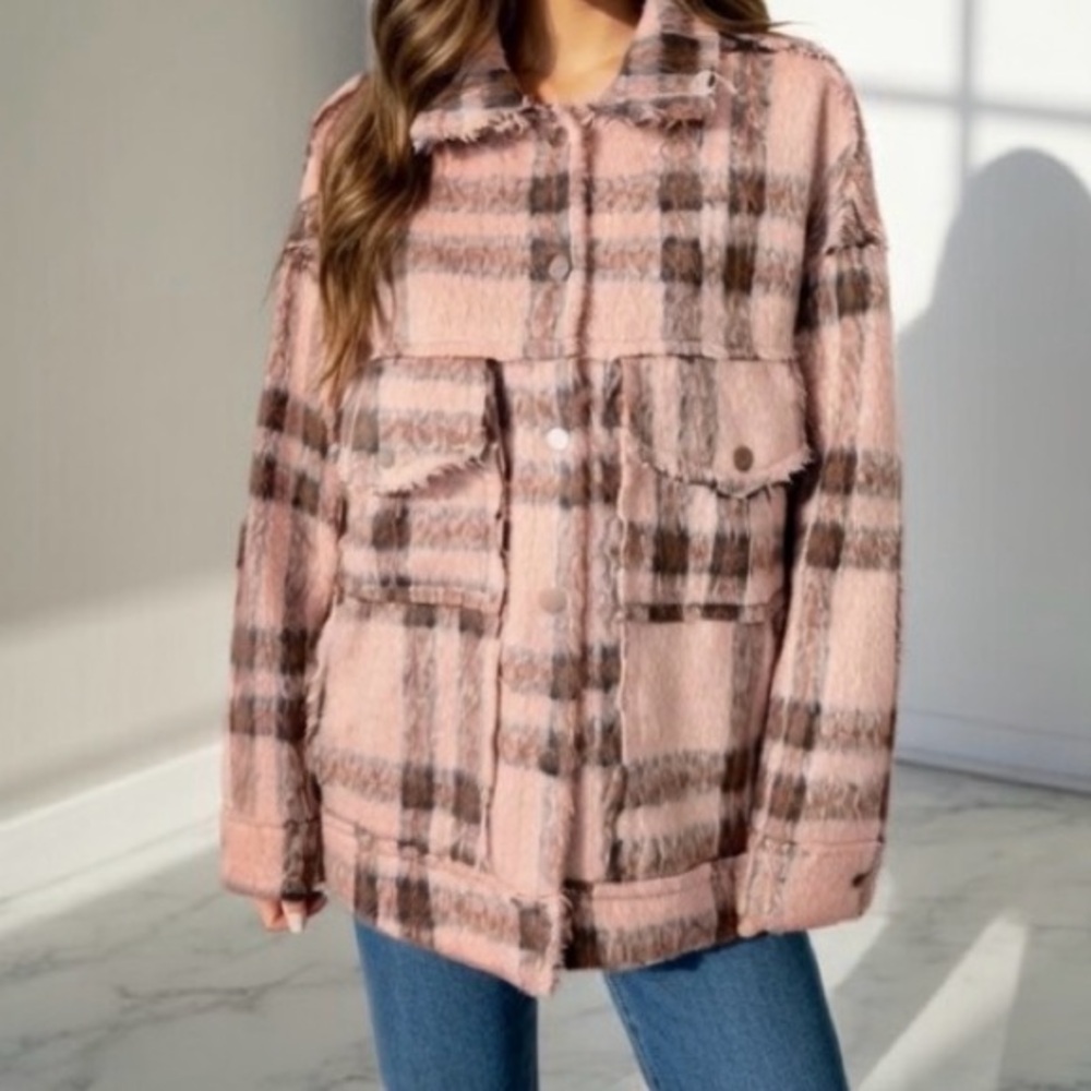 POL Plaid Button-Up Women's Jacket Light Orange & Black Small to medium fit New